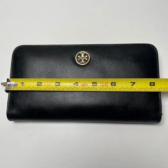 Tory Burch Wallet Womens Snap Closure Black Saffiano Leather Gold Logo 4.5"x8.5" - Picture 6 of 7